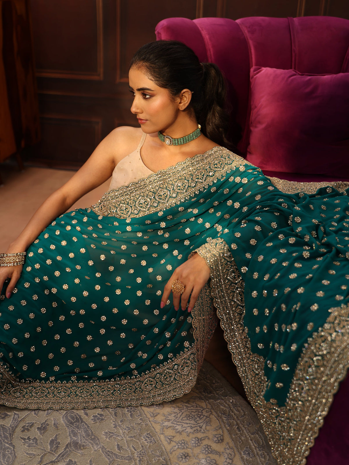 Anouk Art Peacock Green Embellished Georgette Saree