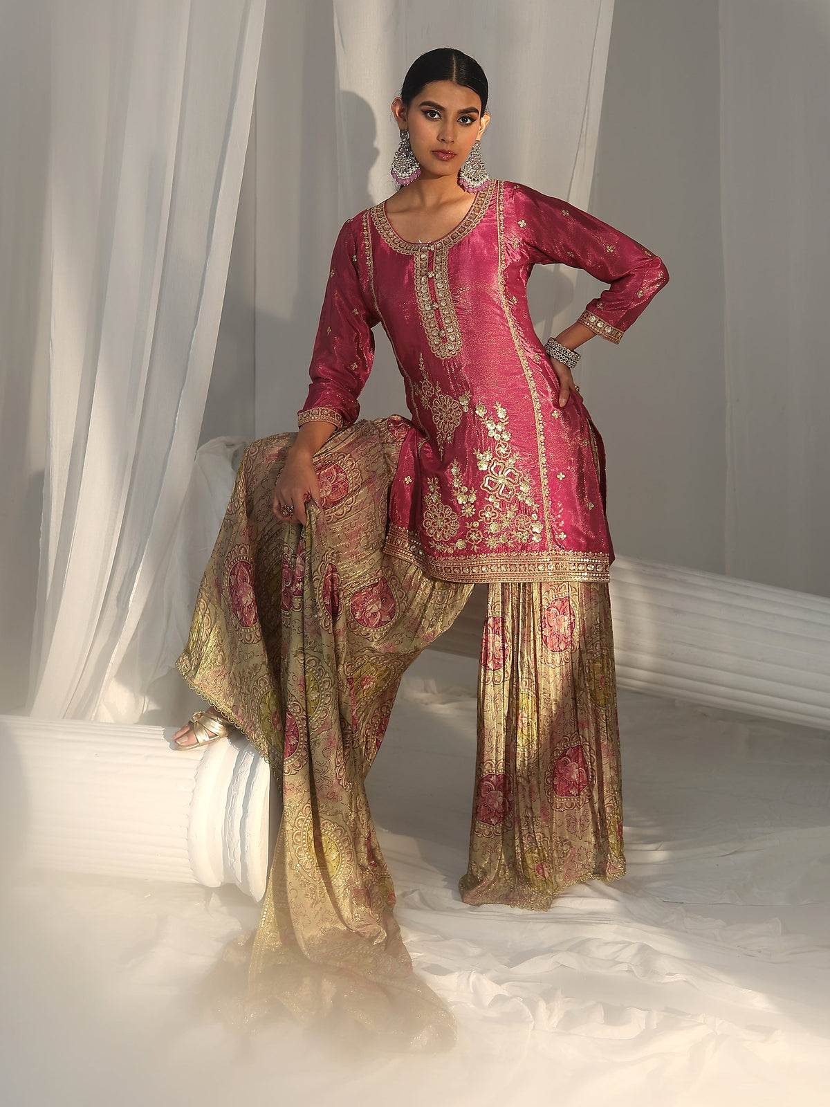 Anouk Art Pink Floral Embellished Kurta With Crinkled Palazzo Suit Set