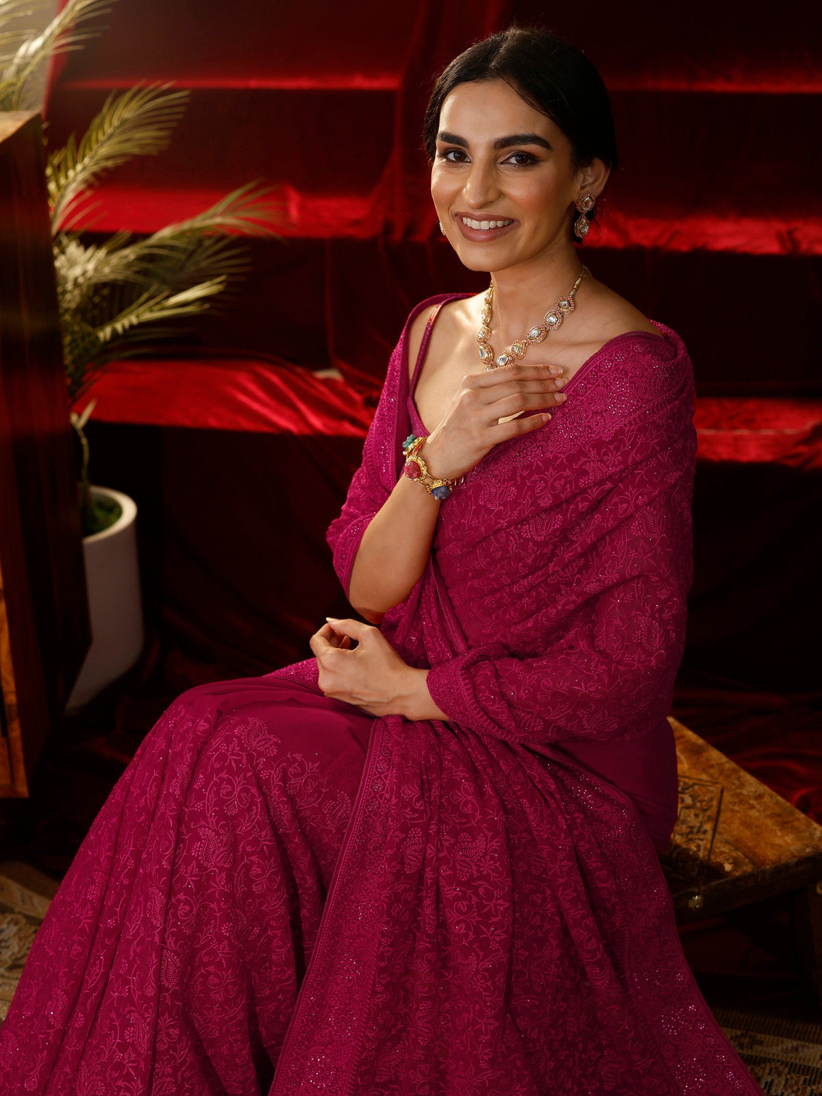 Anouk Art Pink Floral Embroidered Georgette Saree