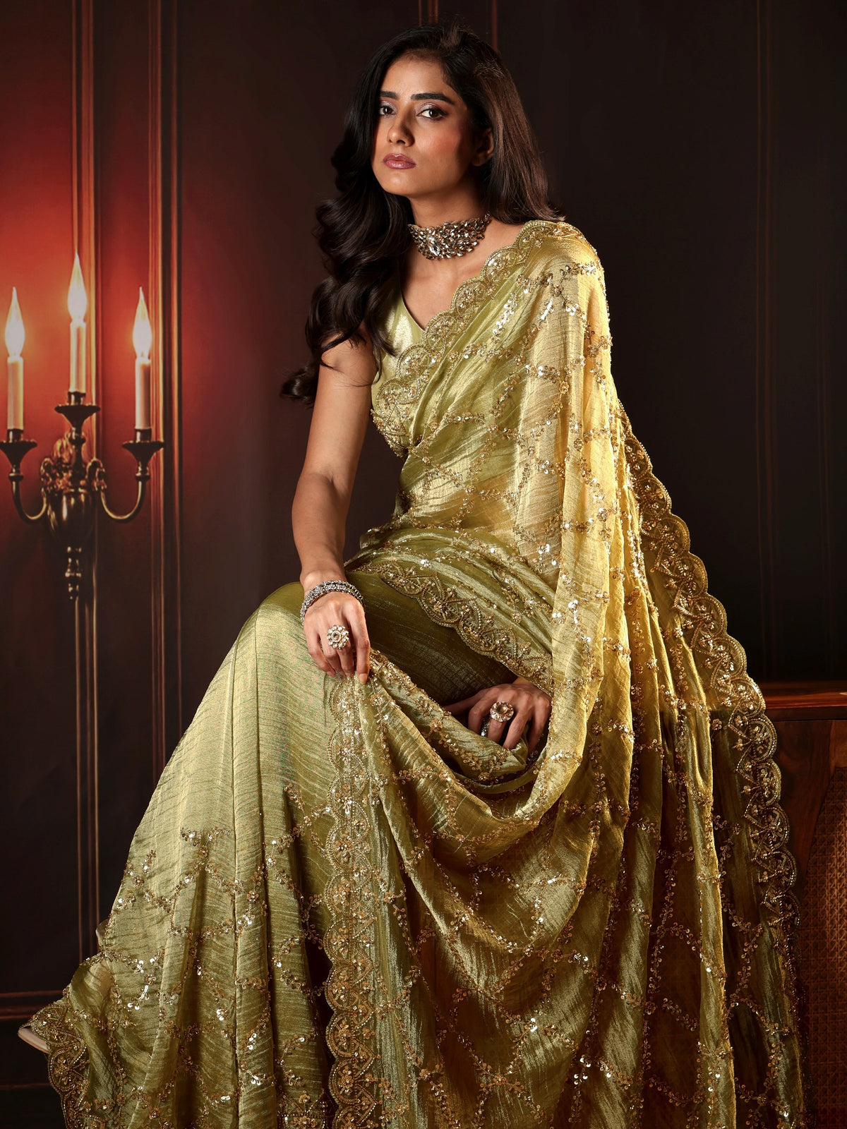 Anouk Art Pista Green Embellished Organza Saree