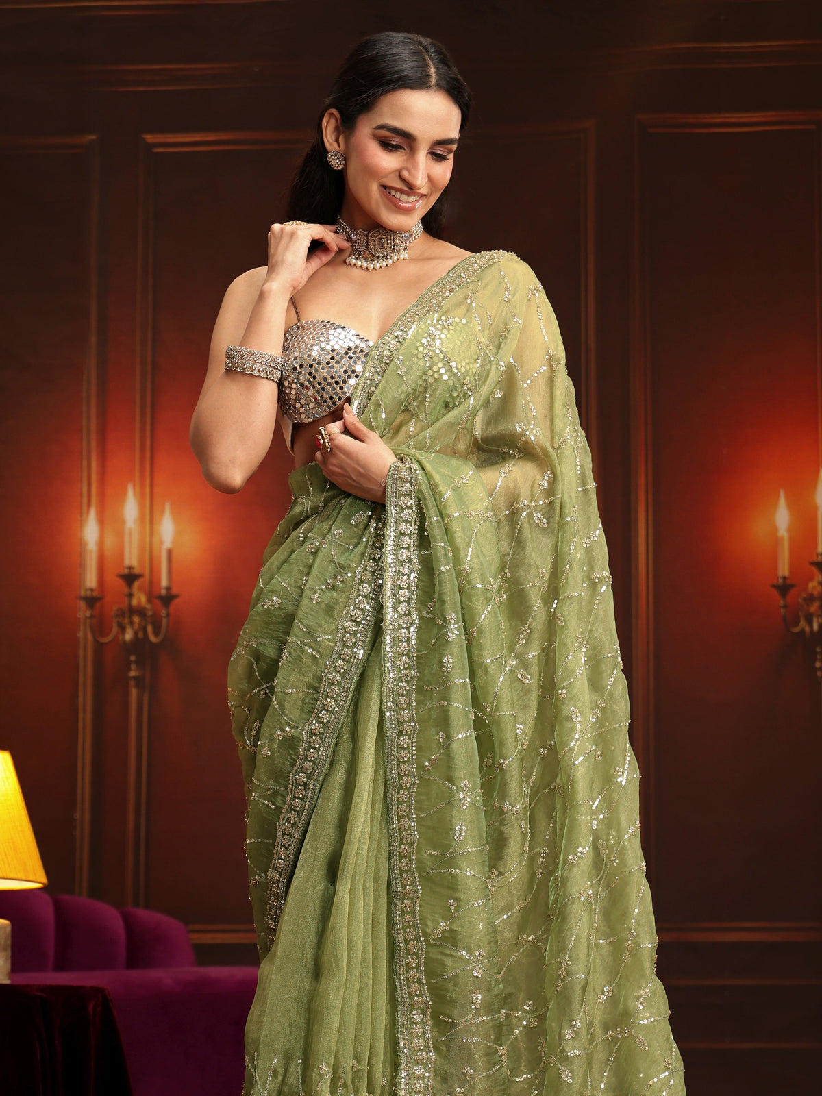 Anouk Art Pista Green Embellished Tissue Saree
