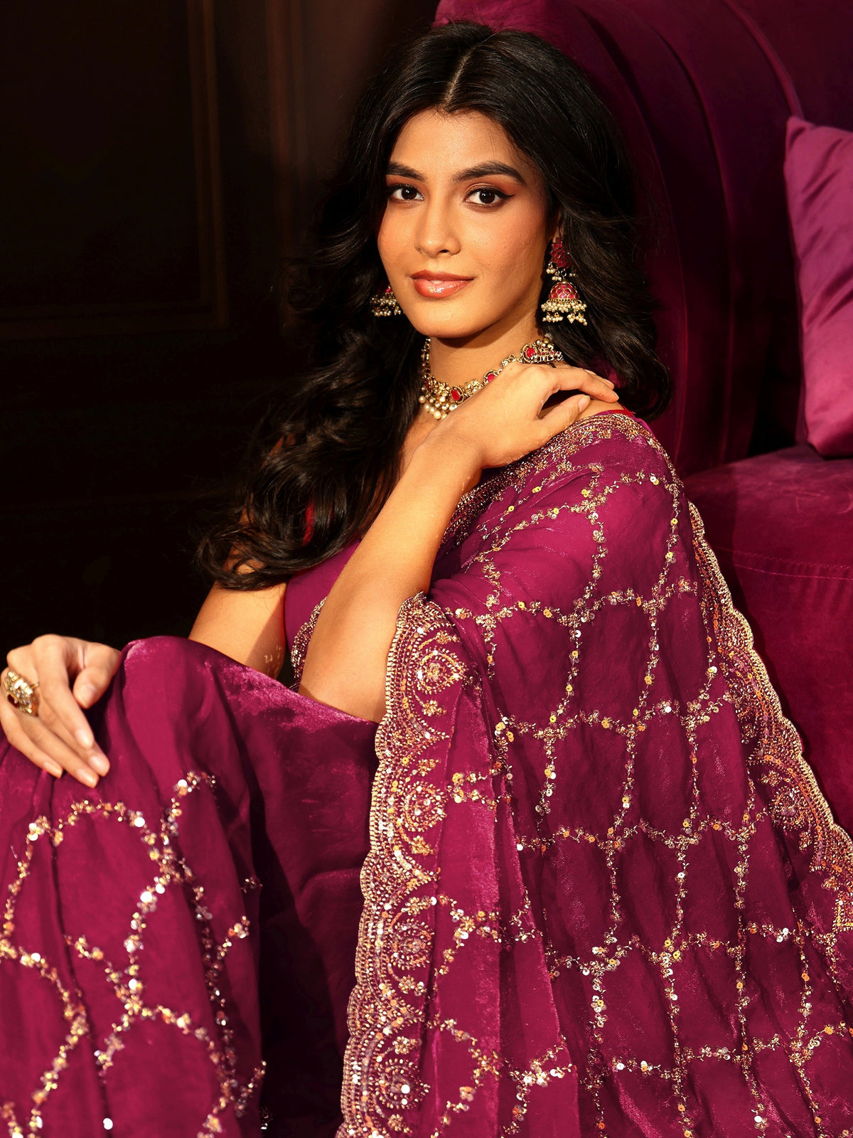 Anouk Art Plum Purple Embellished Tissue Saree