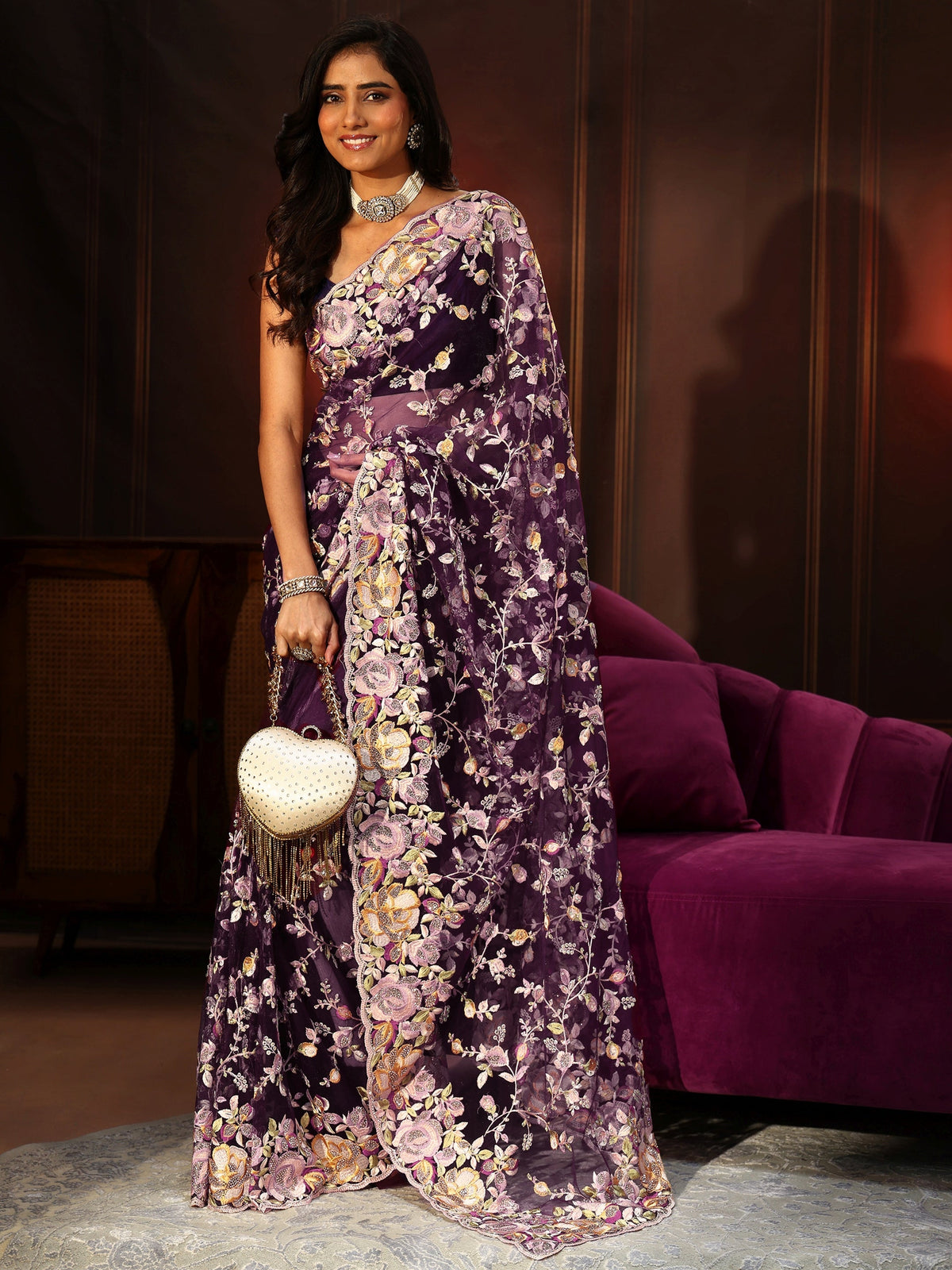 Anouk Art Plum Purple Floral Embroidered Net Saree