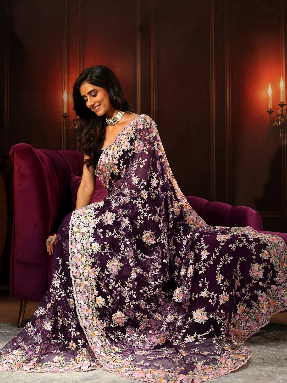 Anouk Art Plum Purple Floral Embroidered Net Saree