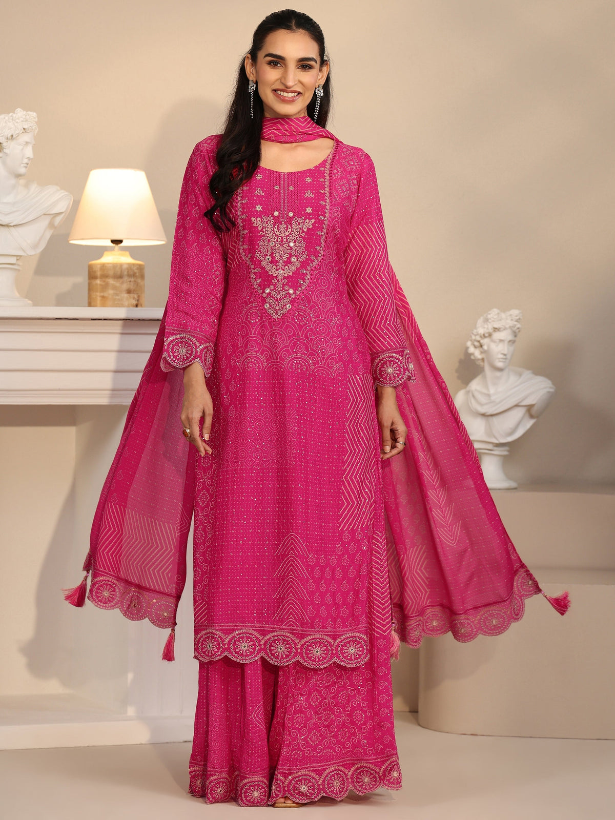 Anouk Art Rani Pink Bandhani Printed Chinon Palazzo Suit Set