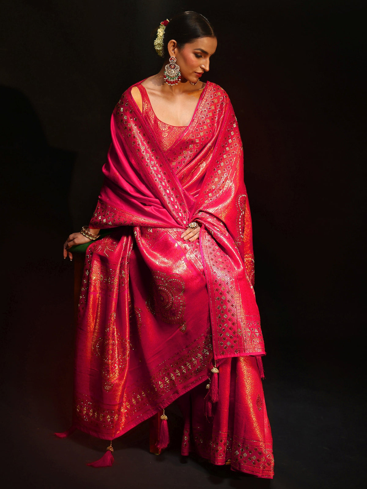 Anouk Art Rani Pink Embellished Banarasi Silk Blend Saree with Dupatta