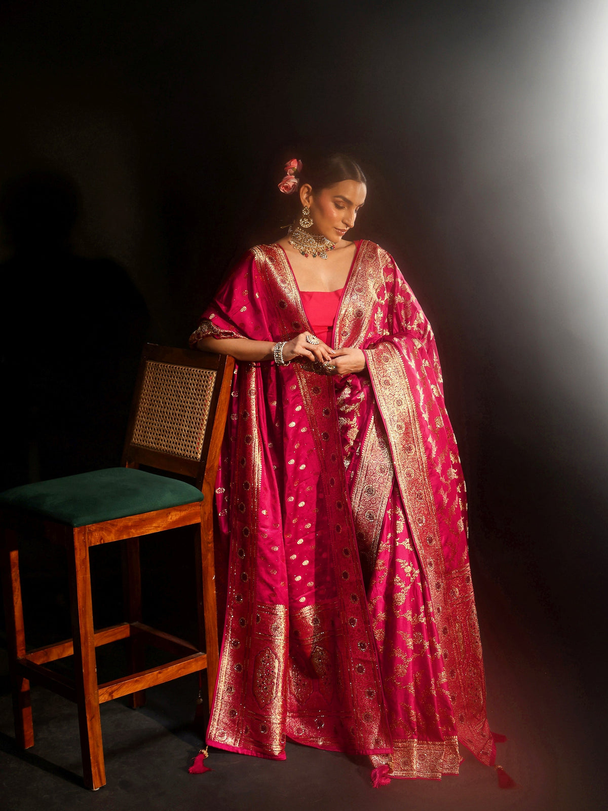 Anouk Art Rani Pink Floral Design Banarasi Silk Blend Saree with Dupatta