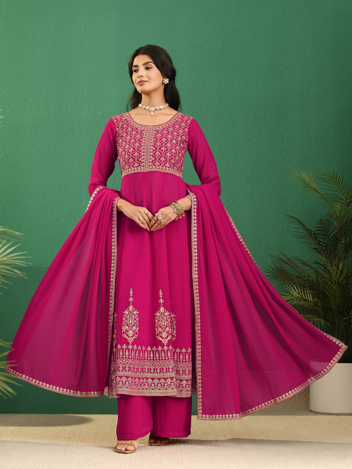 Anouk Art Rani Pink Floral Embroidered Georgette Anarkali Suit Set