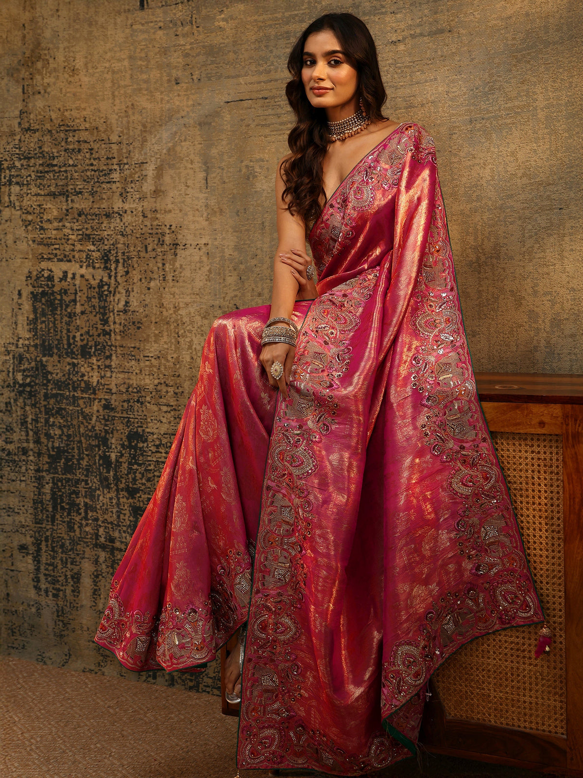 Anouk Art Rani Pink Floral Woven Saree with Embellished Saree
