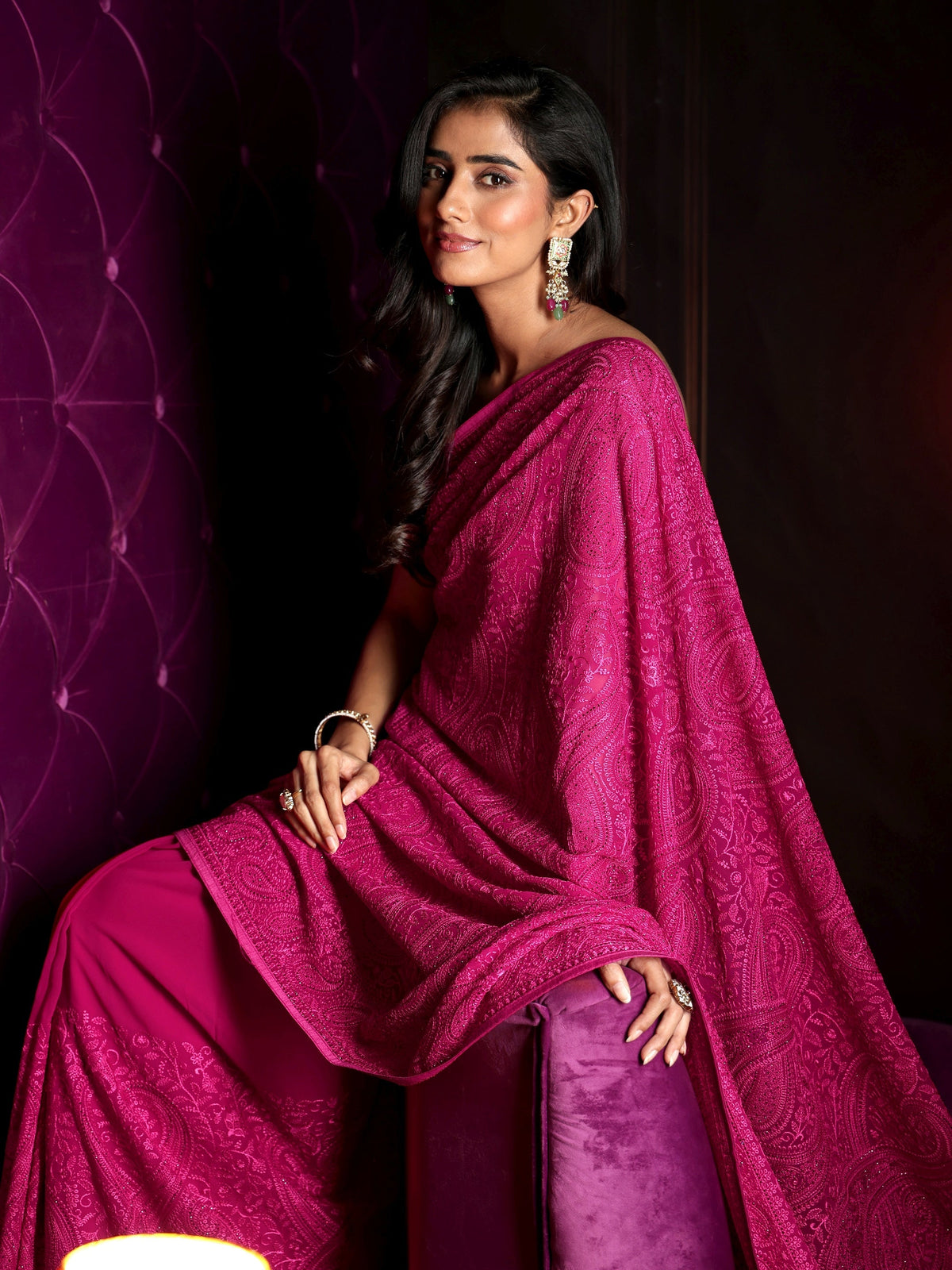 Anouk Art Rani Pink Paisley Embroidered Georgette Saree