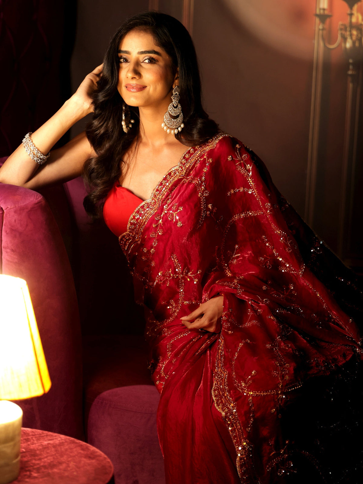 Anouk Art Raspberry Pink Embellished Tissue Saree