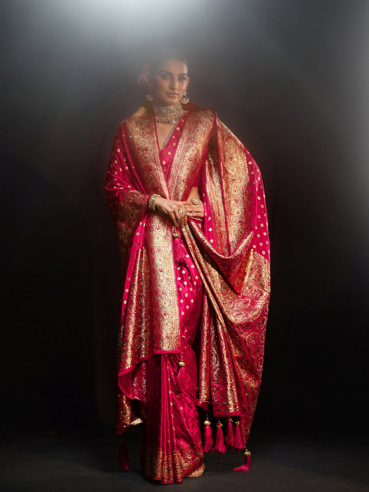 Anouk Art Rose Pink Embellished Banarasi Silk Blend Saree with Dupatta