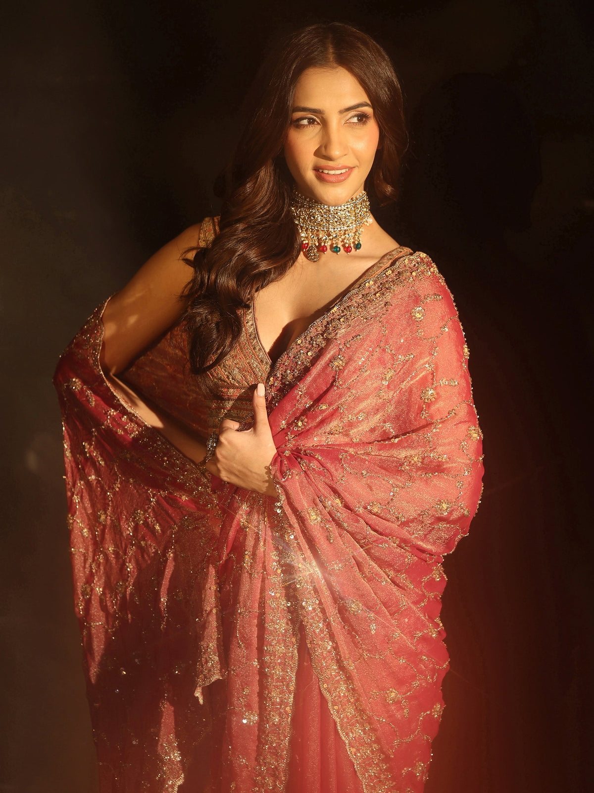 Anouk Art Rose Pink Sequins Embellished Tissue Saree