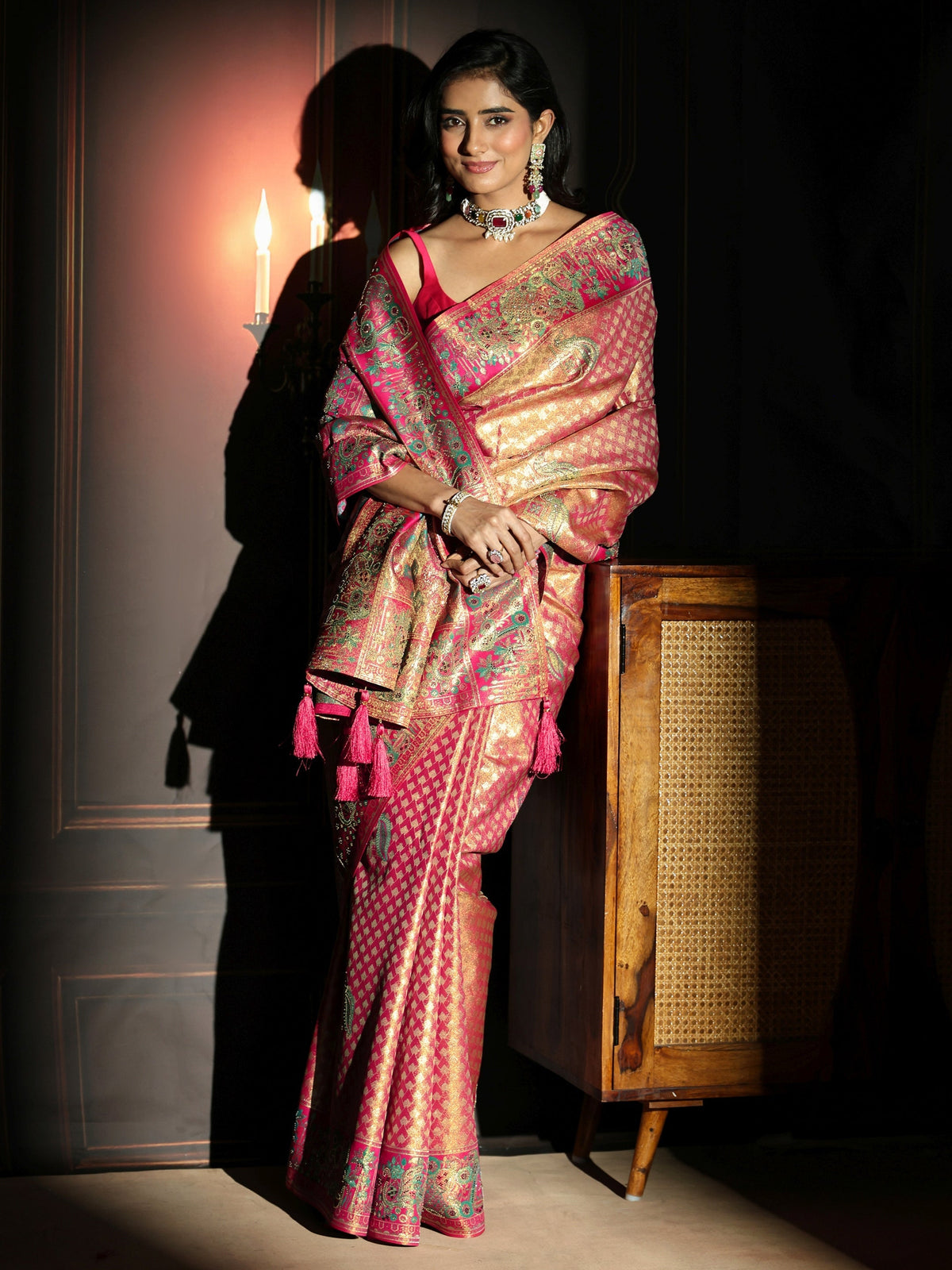 Anouk Art Rose Pink Woven Design Silk Blend Saree