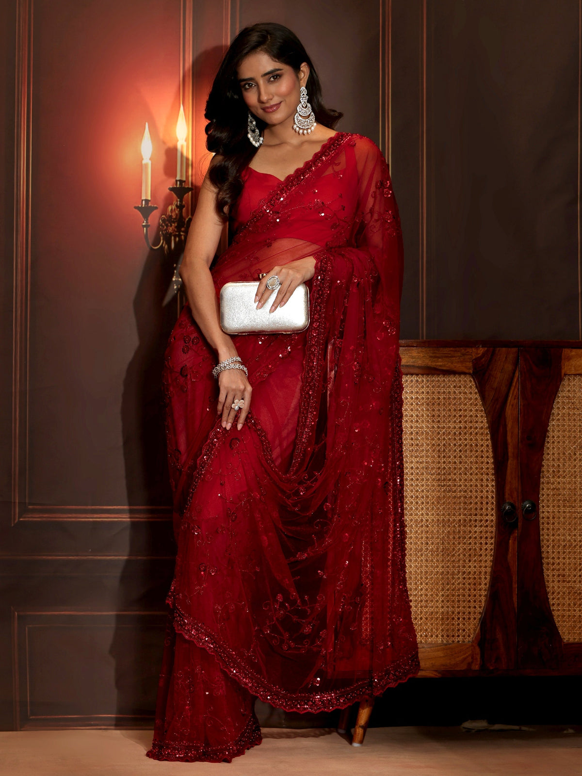 Anouk Art Ruby Red Floral Embellished Net Saree