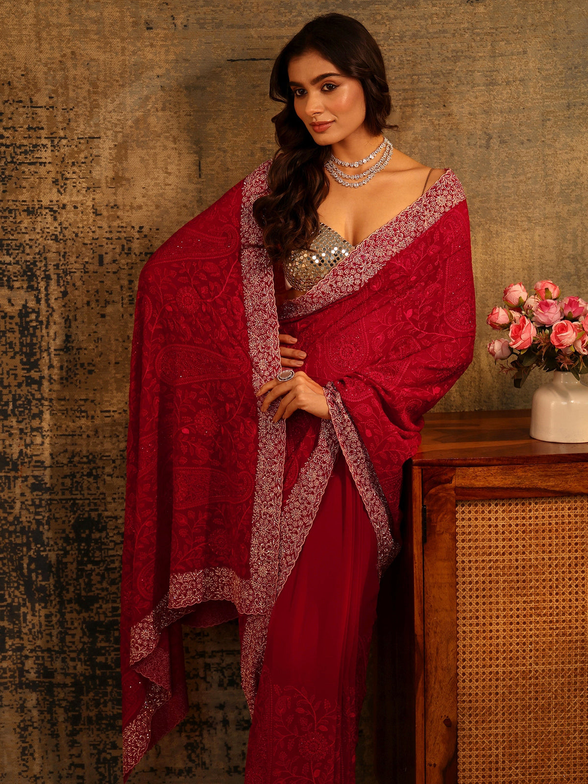 Anouk Art Ruby Red Paisley Embroidered Georgette Saree