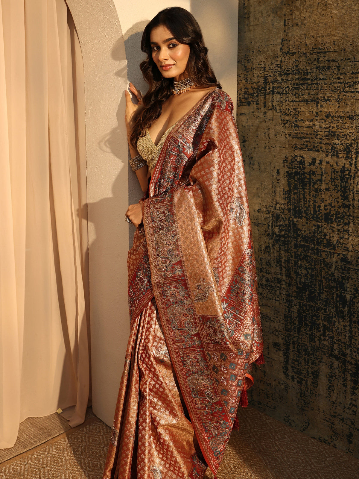 Anouk Art Rust Brown Banarasi SIlk Blend Saree