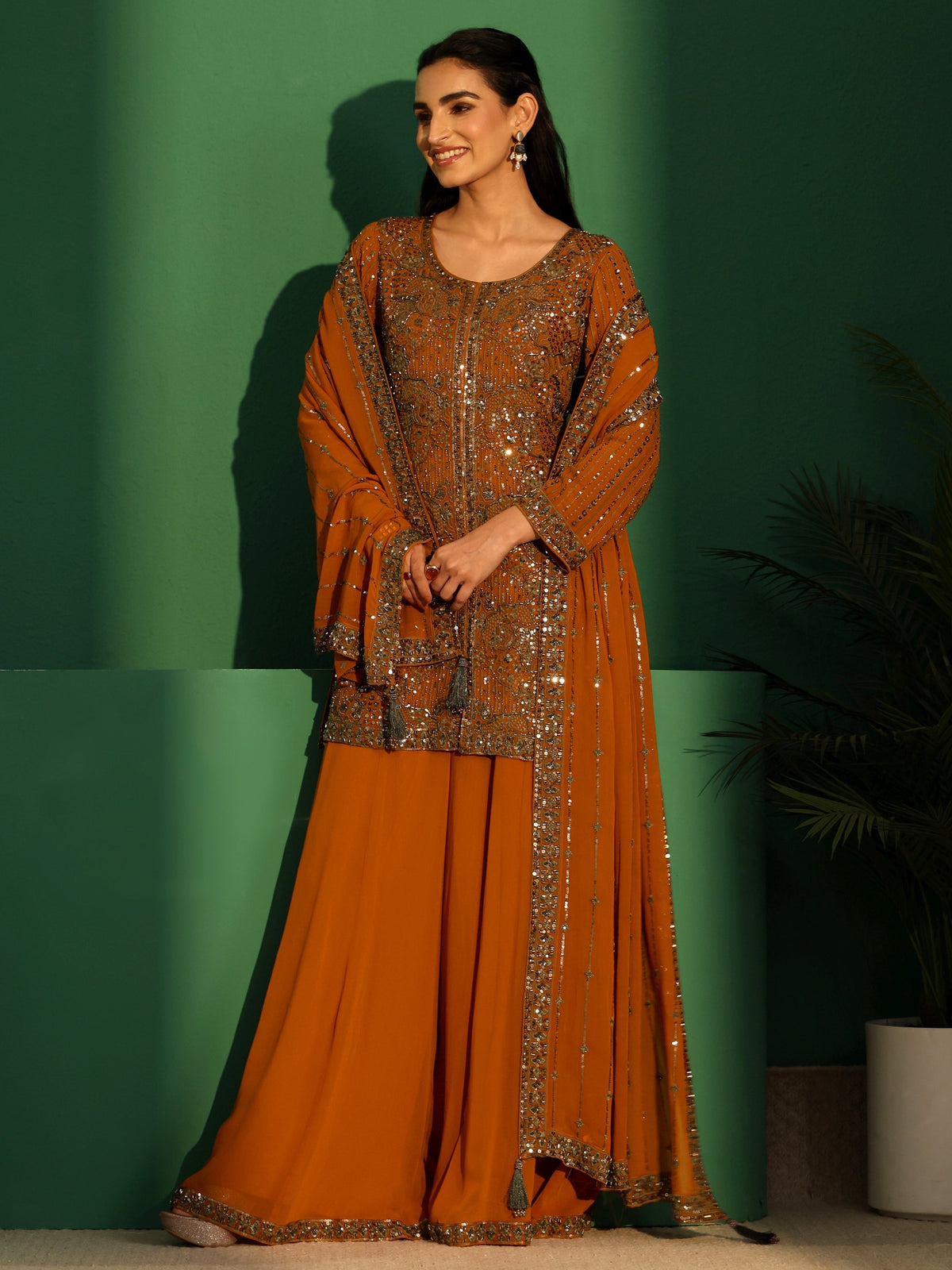 Anouk Art Rust Brown Embellished Georgette Palazzo Suit Set