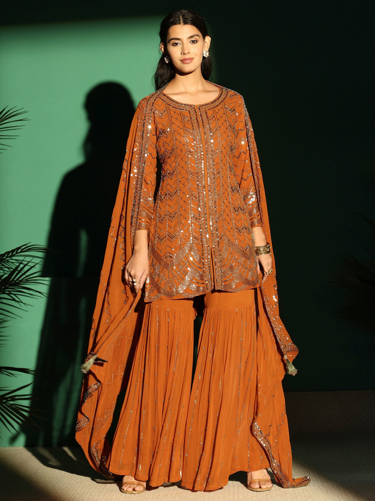 Anouk Art Rust Brown Embellished Georgette Sharara Suit Set