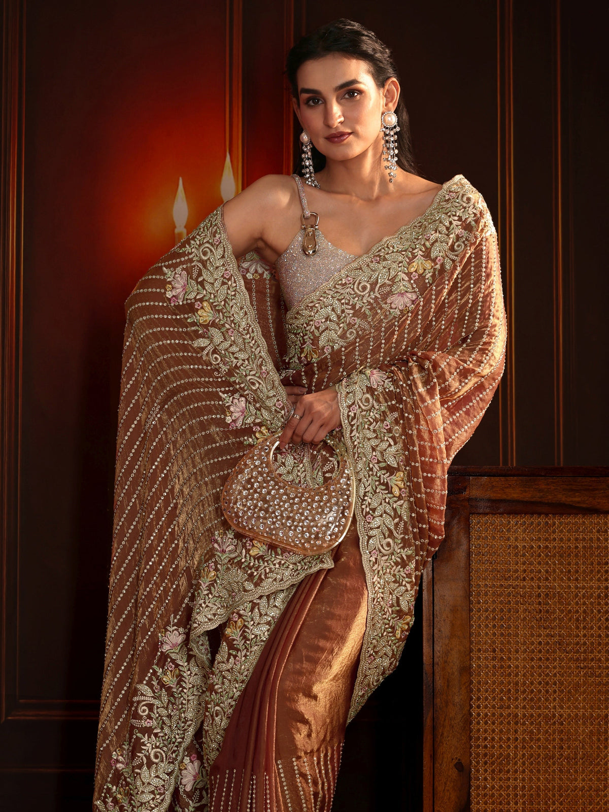 Anouk Art Rust Brown Embellished Tissue Saree
