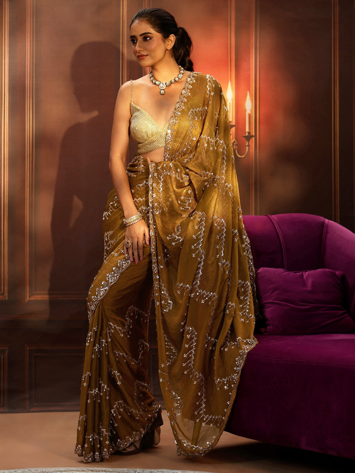 Anouk Art Rust Brown Embellished Tissue Saree