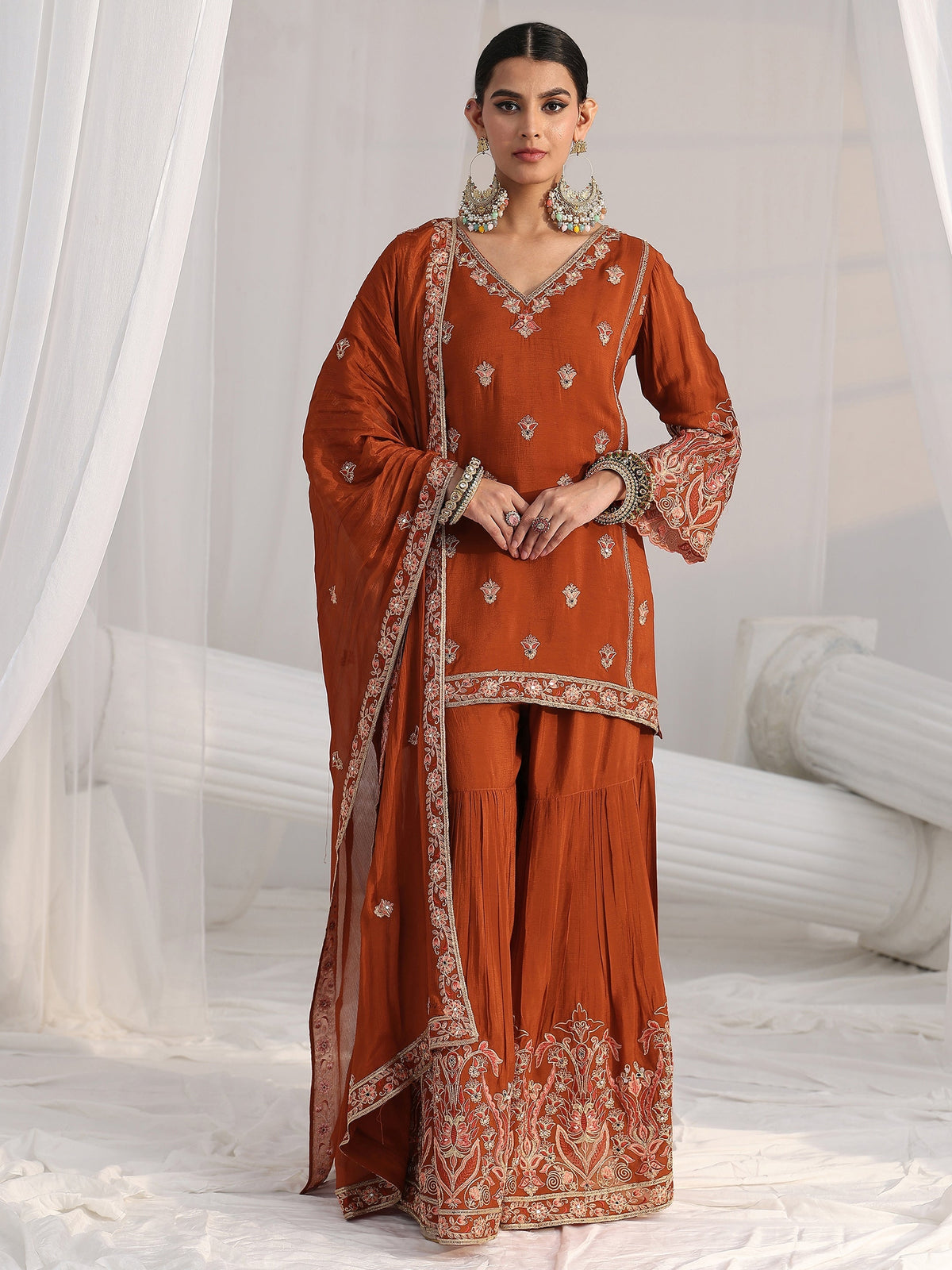 Anouk Art Rust Brown Floral Embroidered Chinon Sharara Suit Set