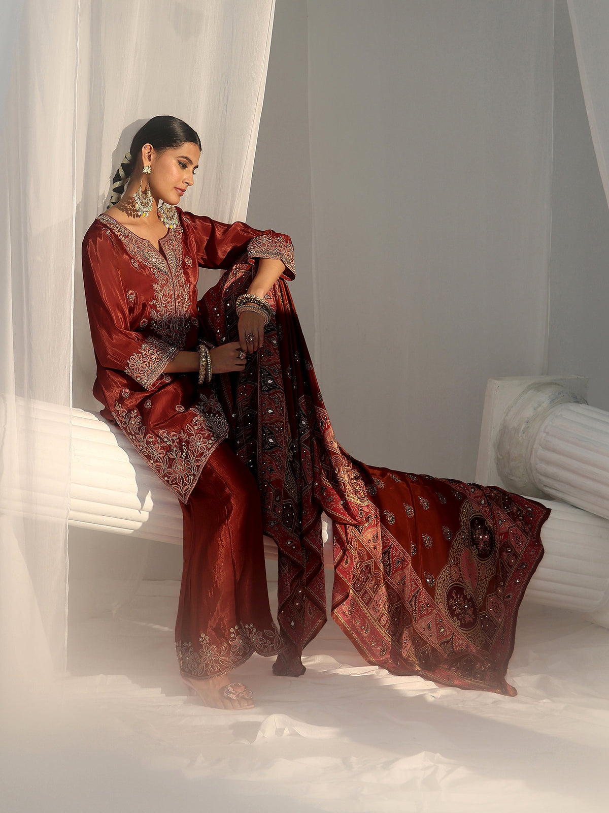 Anouk Art Rust Brown Floral Embroidered Crepe Palazzo Suit Set
