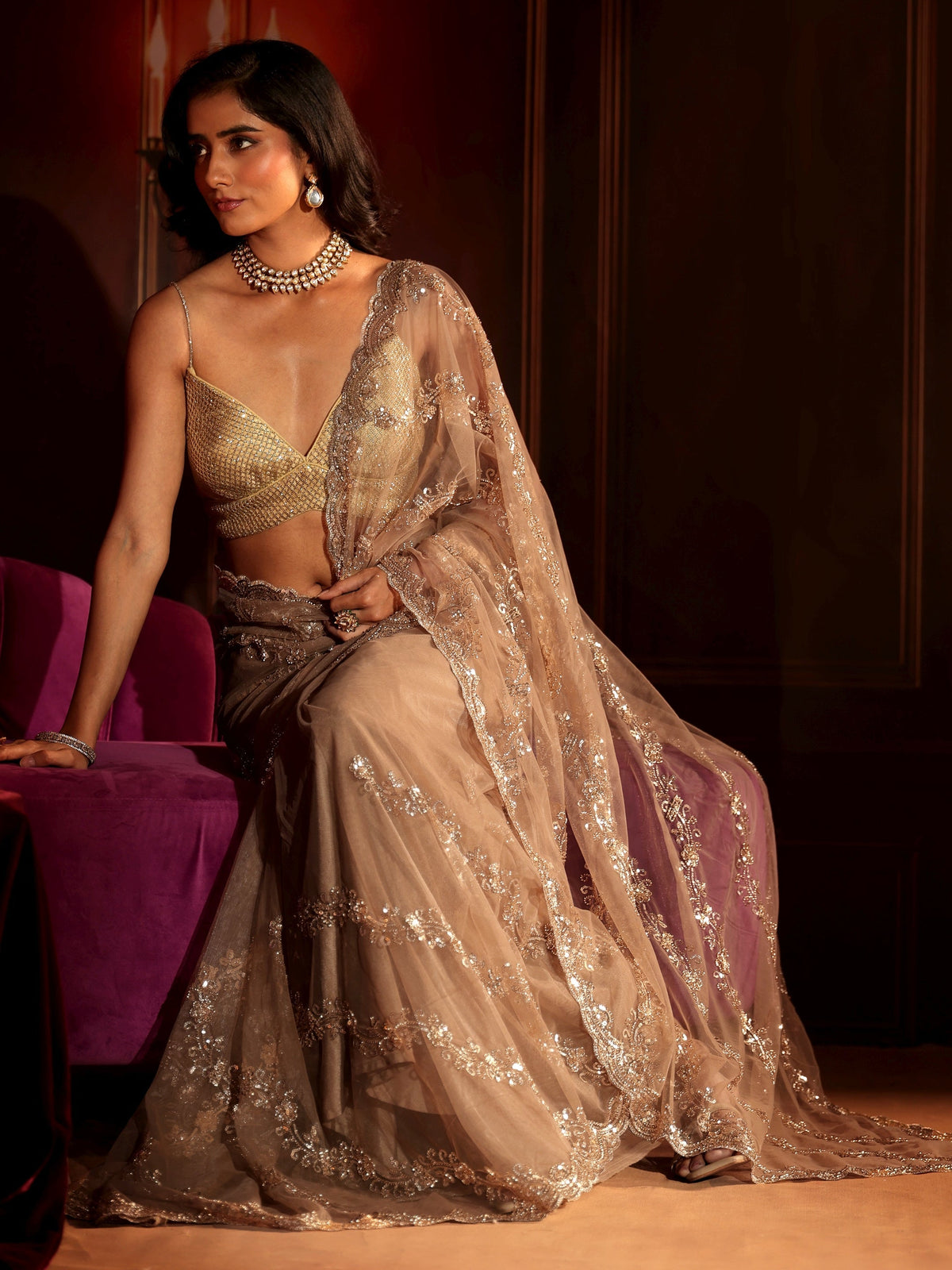 Anouk Art Taupe Embellished Net Saree