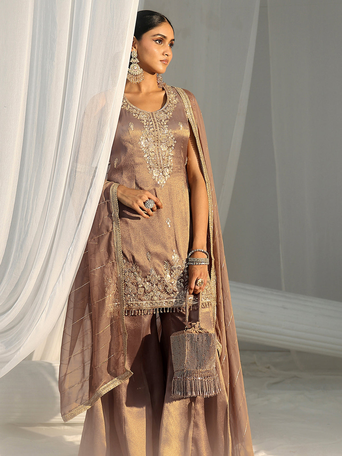 Anouk Art Taupe Grey Embroidered Sleeveless Tissue Sharara Suit Set
