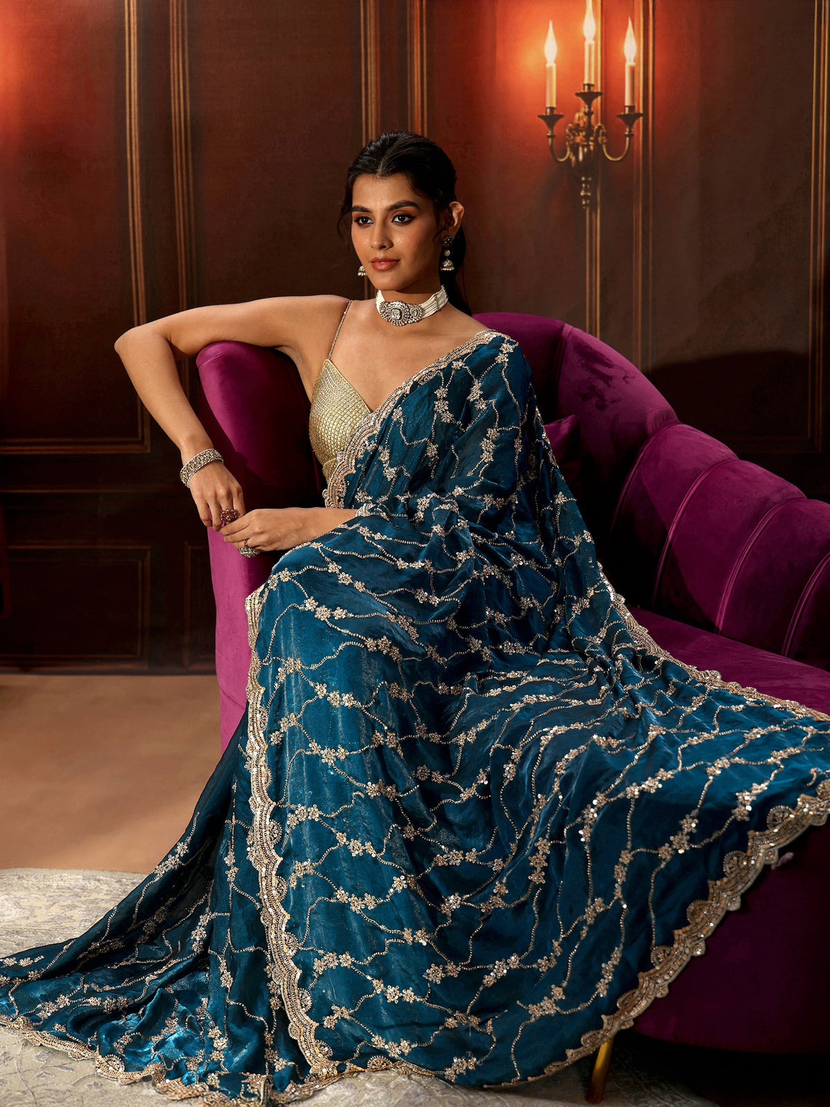 Anouk Art Teal Blue Embellished Tissue Saree