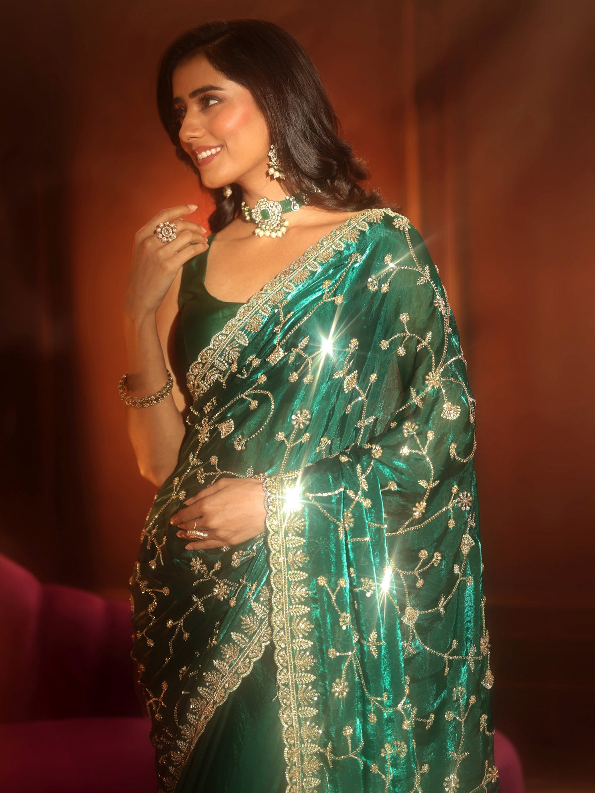 Anouk Art Teal Green Floral Embellished Tissue Saree