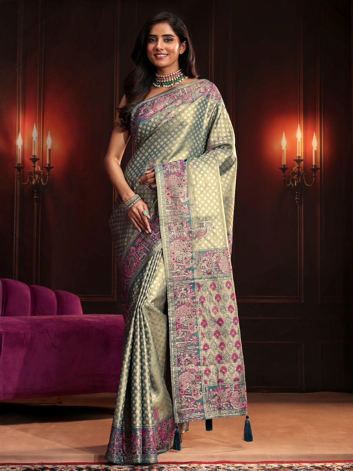 Anouk Art Teal Green Woven Design Silk Blend Saree