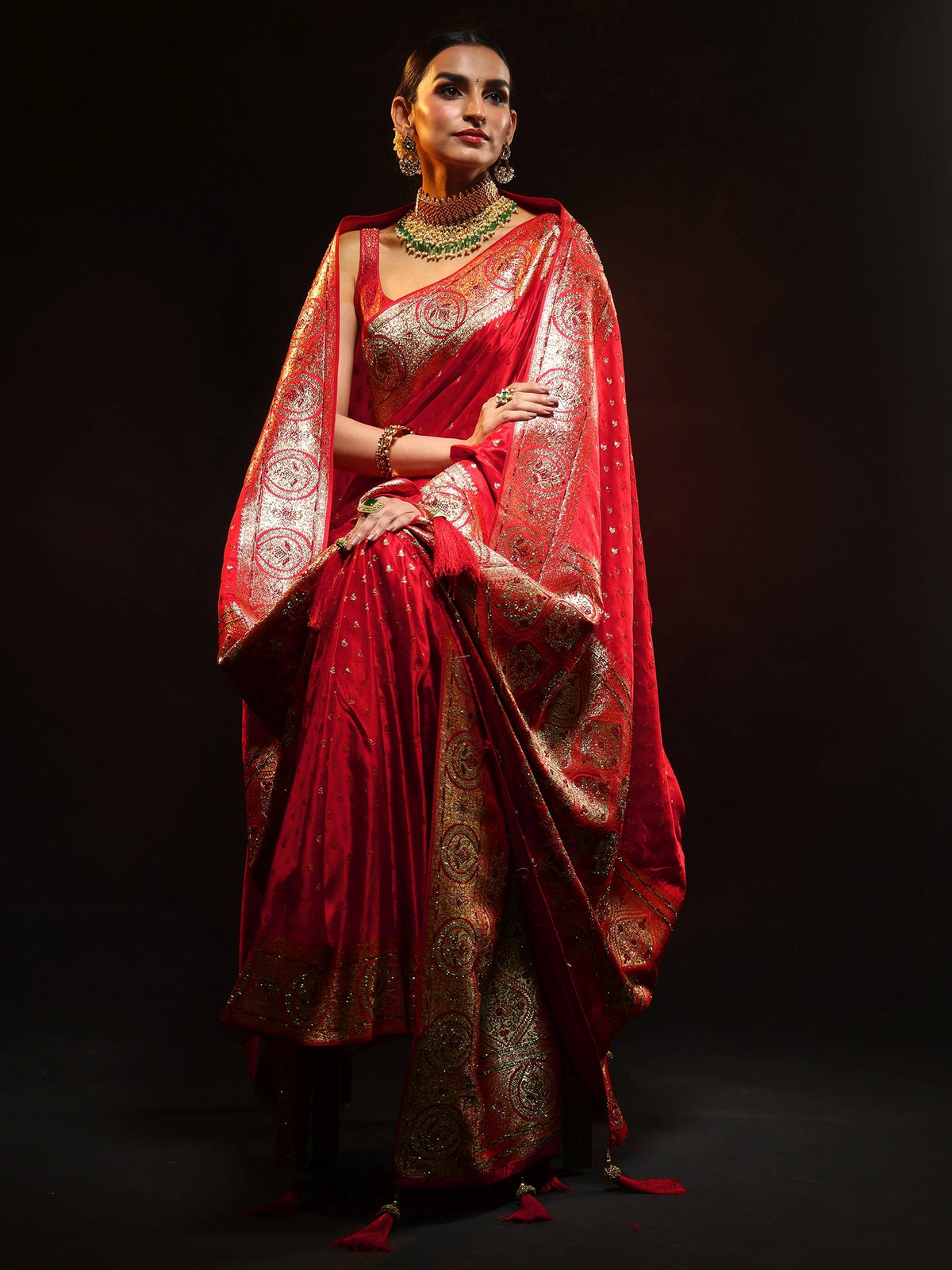 Anouk Art Vermilion Red Embellished Banarasi Silk Blend Saree with Dupatta
