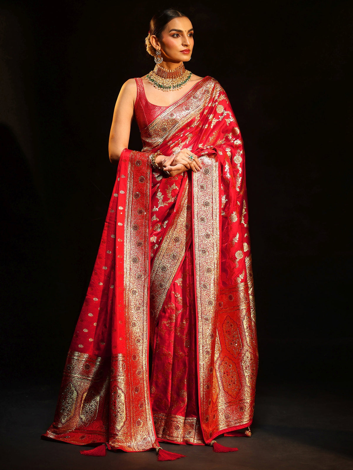 Anouk Art Vermillion Red Floral Design Banarasi Silk Blend Saree with Dupatta