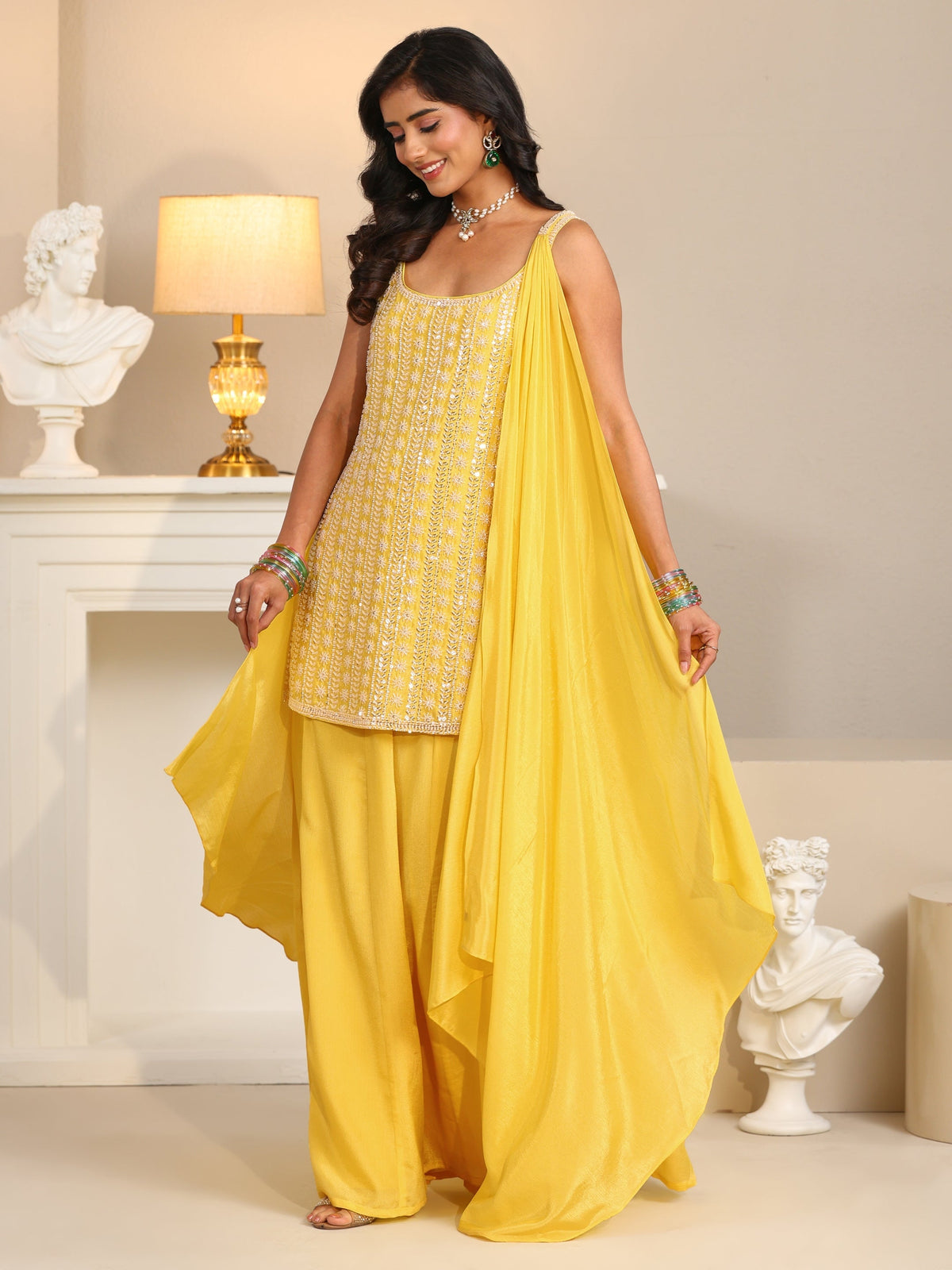 Anouk Art Yellow Embellished Strappy Chinon Palazzo Suit Set