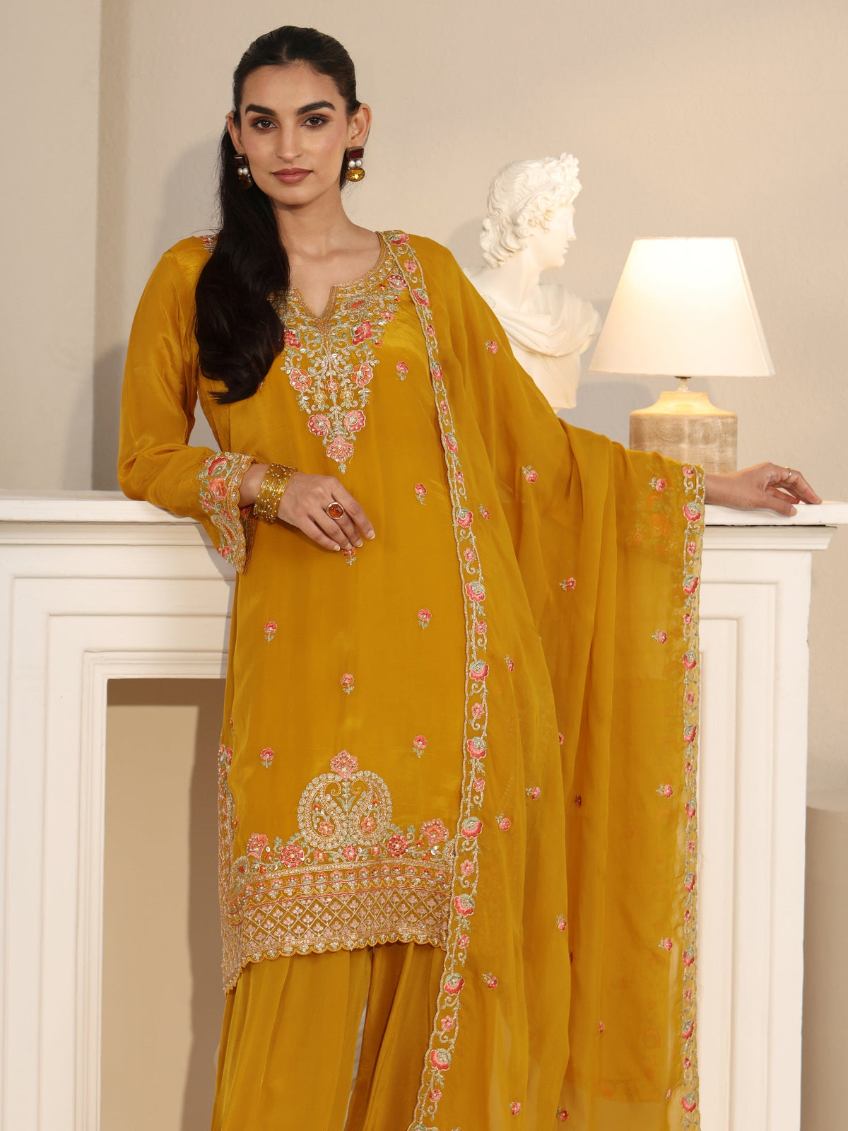 Anouk Art Yellow Floral Embroidered Organza Straight Suit Set