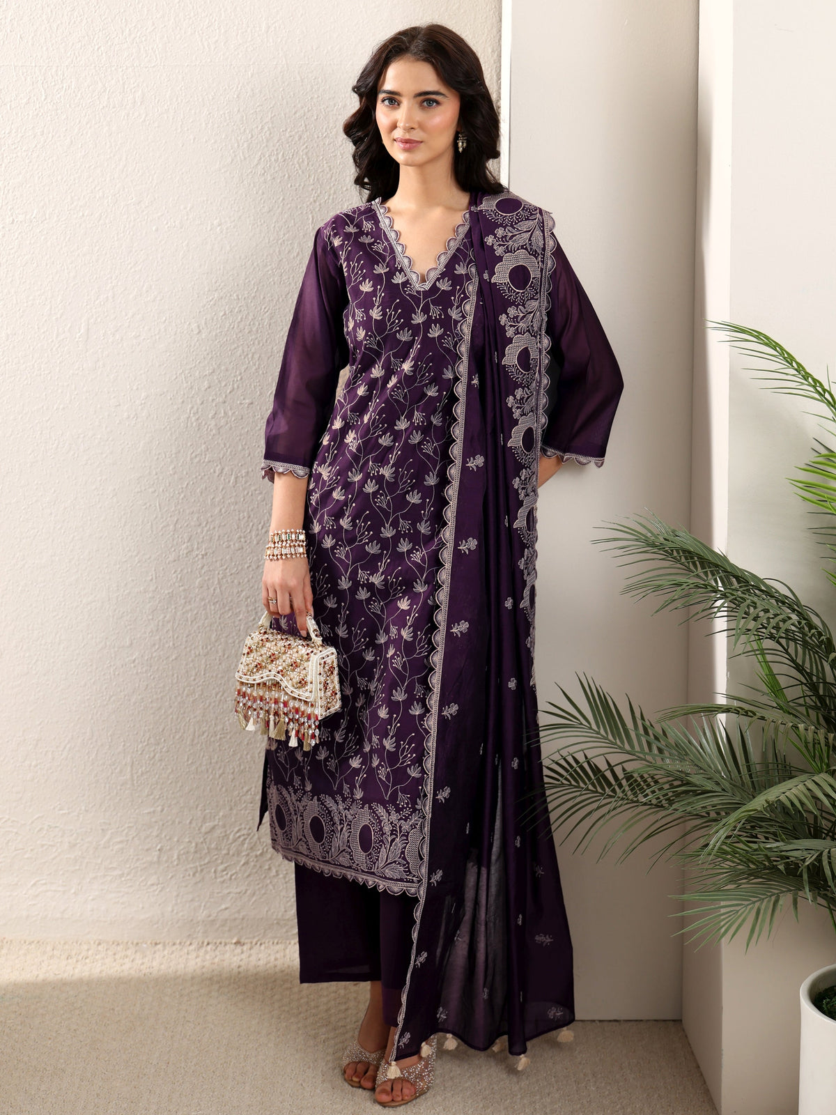 Anouk Aubergine Purple Embroidered Chanderi Silk Straight Suit Set