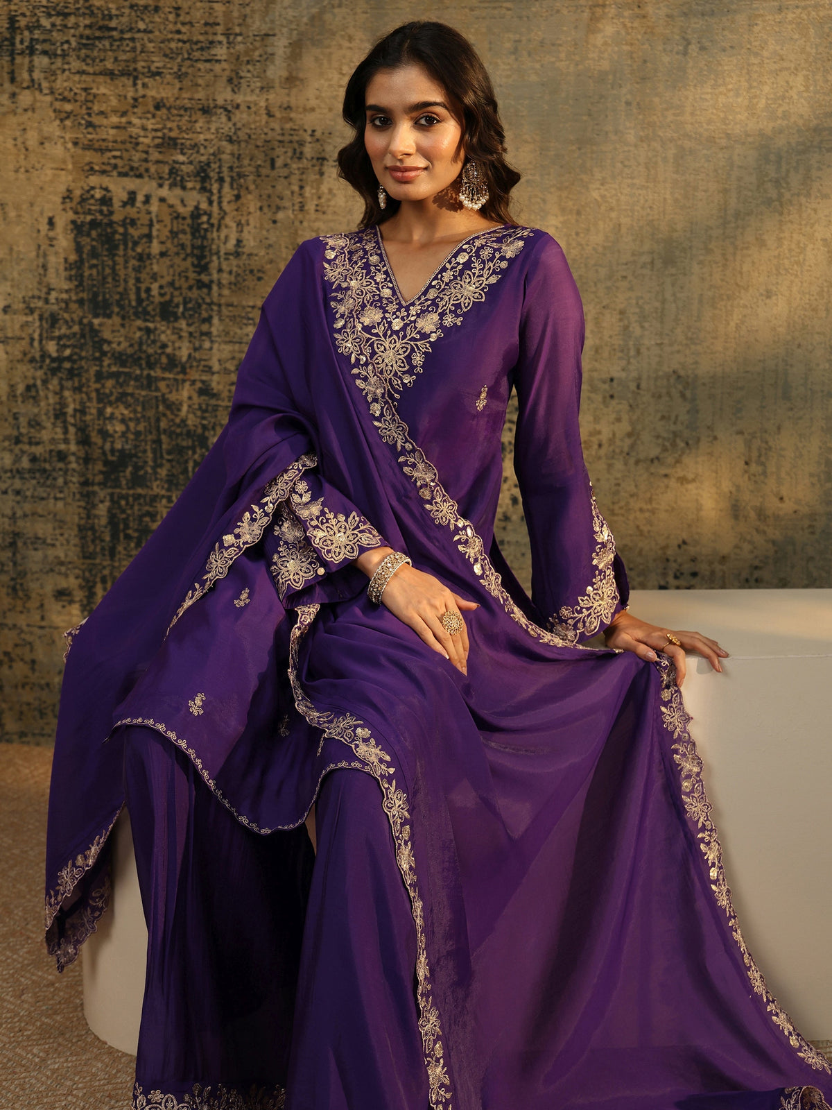 Anouk Aubergine Purple Floral Embroidered Chanderi Cotton Palazzo Suit Set
