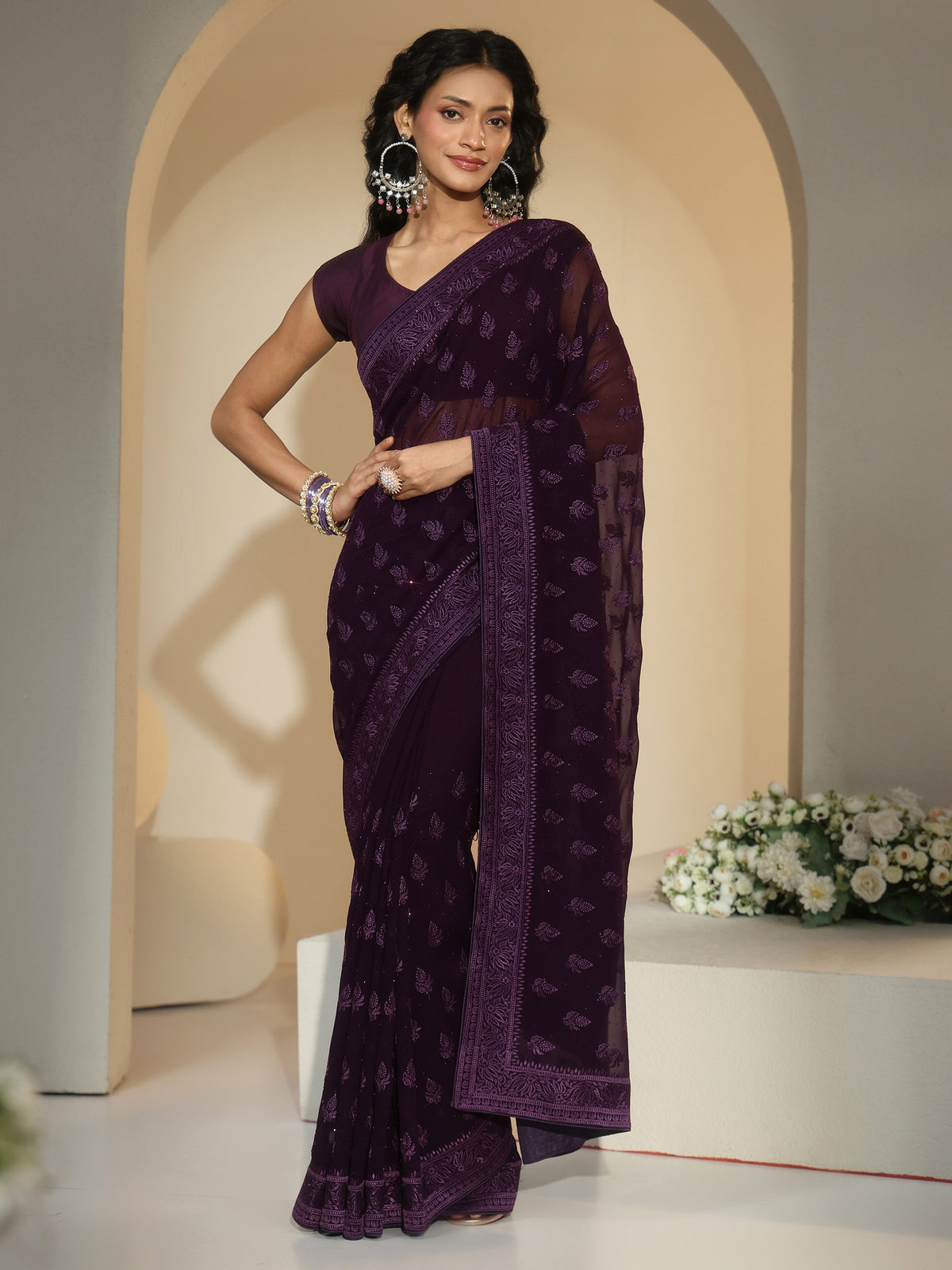 Anouk Aubergine Purple Floral Embroidered Georgette Saree