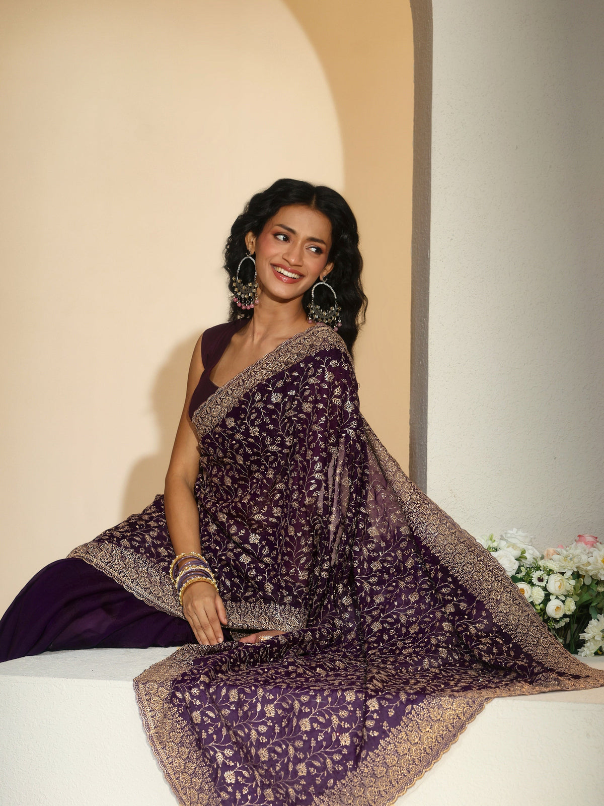 Anouk Aubergine Purple Floral Embroidered Georgette Saree
