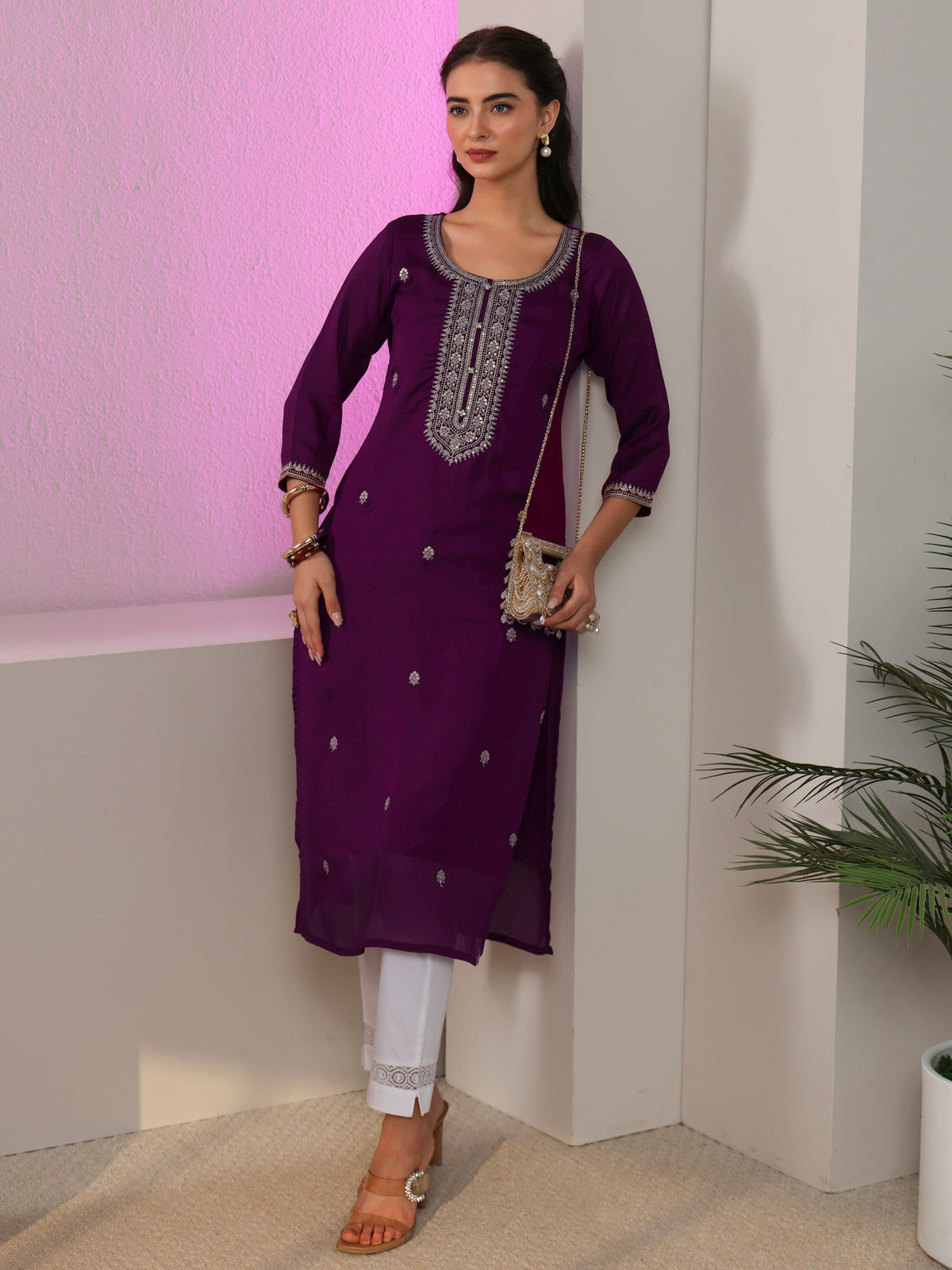 Anouk Aubergine Purple Floral Embroidered Silk Blend Straight Kurta