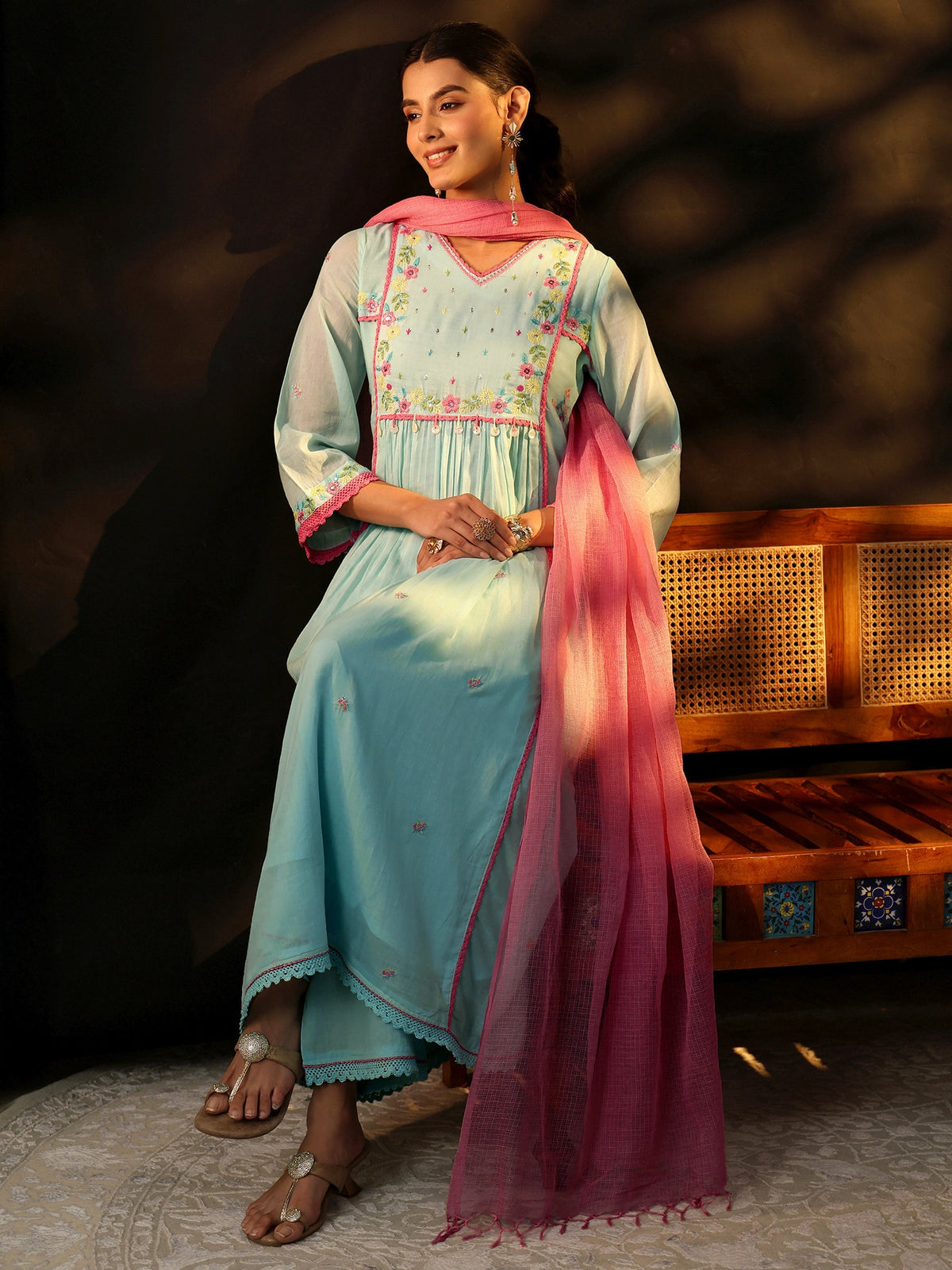 Anouk Baby Blue Floral Embroidered Cotton Anarkali Suit Set