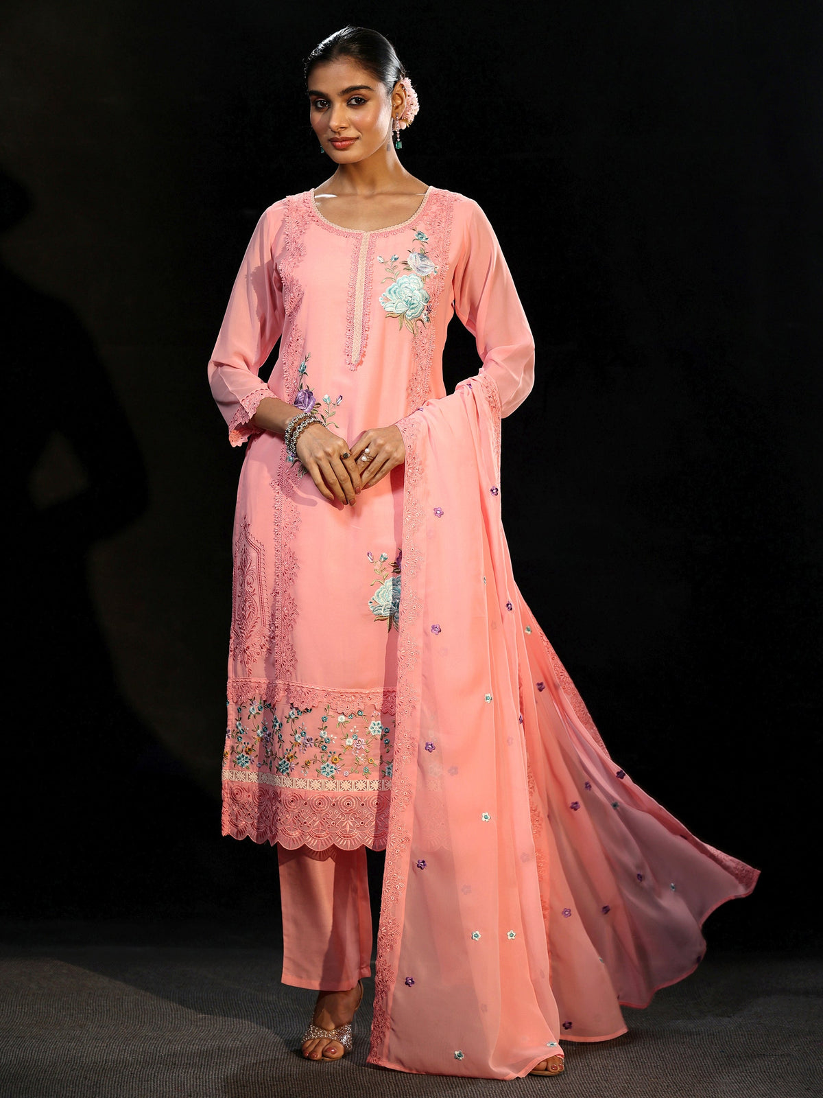 Anouk Baby Pink Floral Embroidered Georgette Straight Suit Set