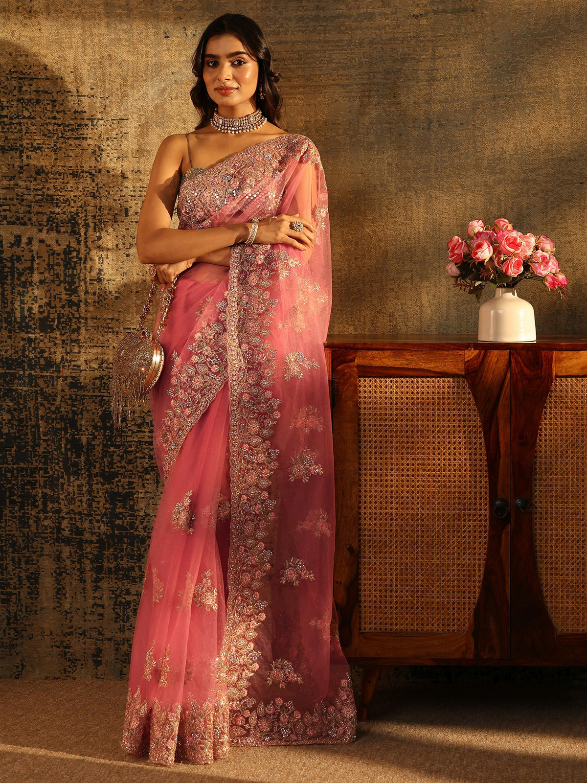 Anouk Baby Pink Floral Embroidered Net Saree