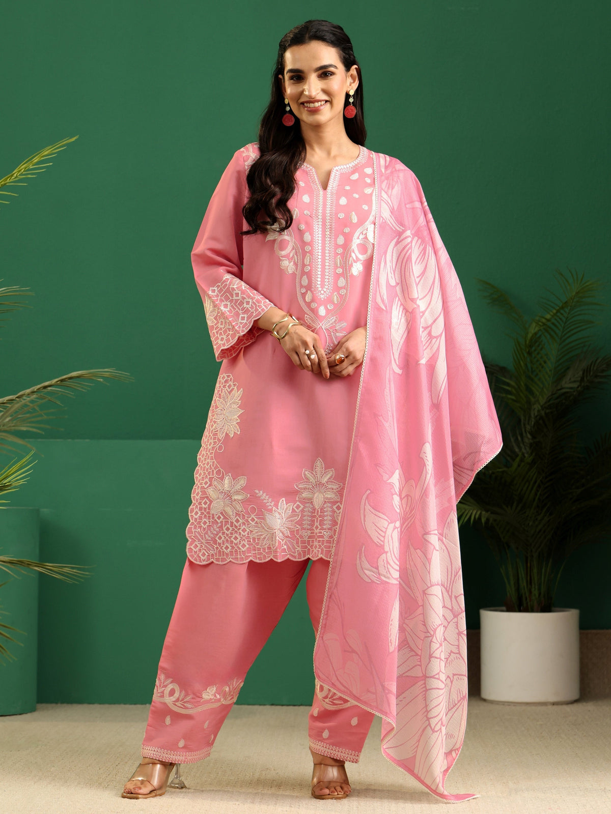 Anouk Baby Pink Floral Embroidered Silk Blend Farshi Suit Set