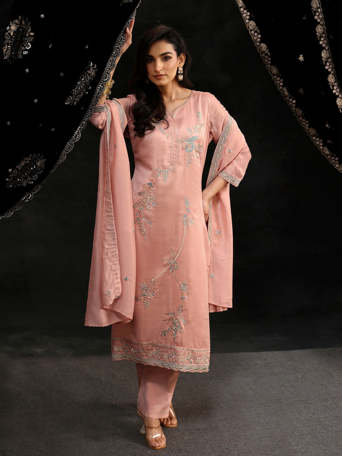 Anouk Baby Pink Floral Embroidered Silk Blend Straight Suit Set