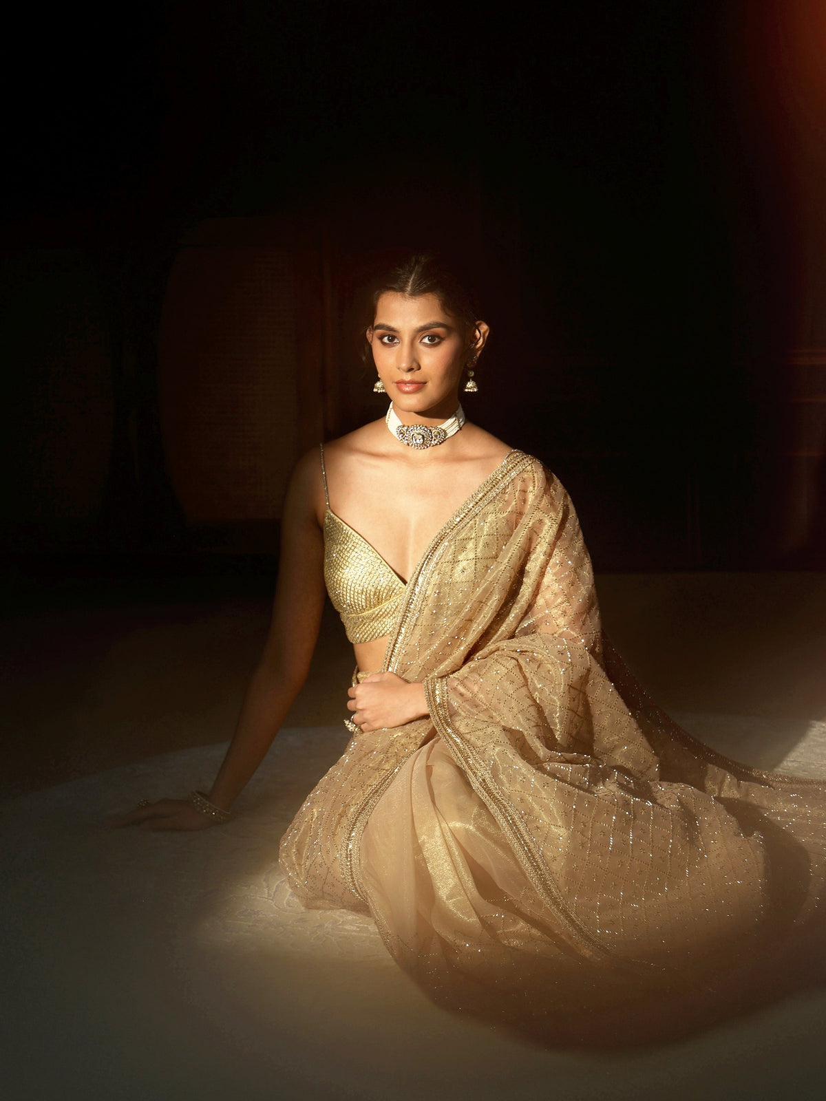 Anouk Beige Embellished Jaal Work Net Saree