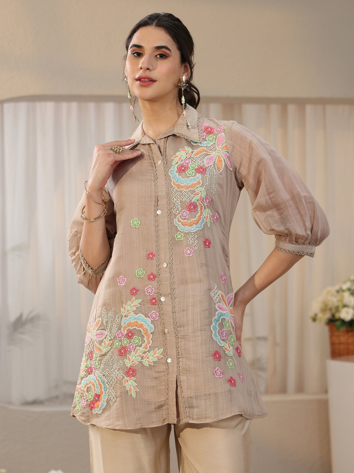 Anouk Beige Floral Embroidered Chanderi Cotton Co-Ord Set