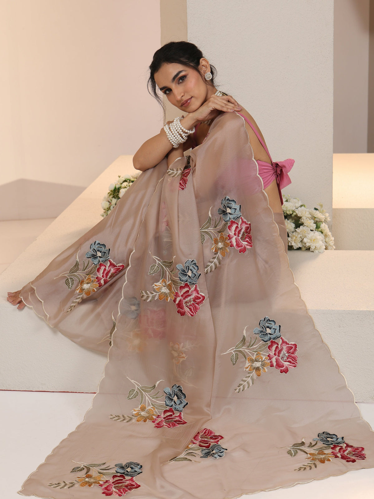 Anouk Beige Floral Embroidered Tissue Saree with Scalloped Border