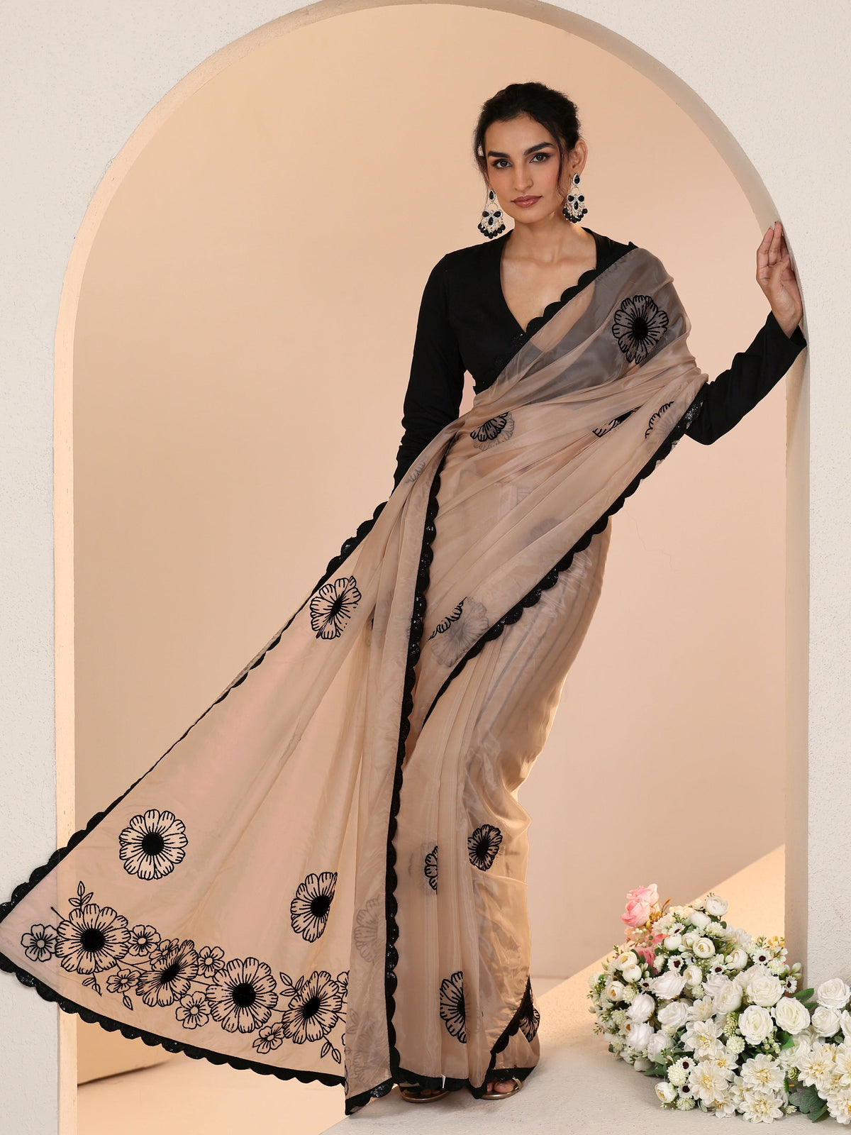 Anouk Beige Floral Embroidered Tissue Saree with Scalloped Border